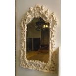 WALL MIRROR, Italian style, bevelled glass, white painted gesso detail with putti decoration frame,