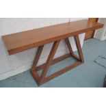 CONSOLE TABLE, Contemporary, oak. rectangular with 'x' frame support, 180cm W x 45cm D x 87cm H.
