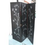 SCREEN, three fold, in hand painted silver and black foliate painted finish, 1150cm W x 180cm H.