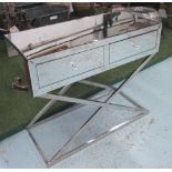 MIRRORED CONSOLE TABLE, with two drawers below on a chromed metal 'x' framed support,