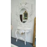 CONSOLE TABLE AND MIRROR, Rococo design with ornate white mirror,