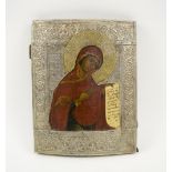 ICON, 19th century, depicting mother of Christ, with silver finished metal oklad, gilt halo, 26.