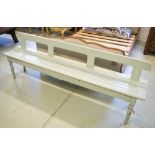 BENCH, 20th century, painted in cerulean blue, with slatted base, 210cm L x 33cm D x 70cm H approx.