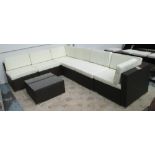 OUTDOOR CORNER SECTIONAL SOFA, in a brown artificial rattan with large ivory outdoor cushions.