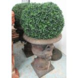 URNS, a pair, cast iron, of Classical form, with lids and alternate faux topiary balls,