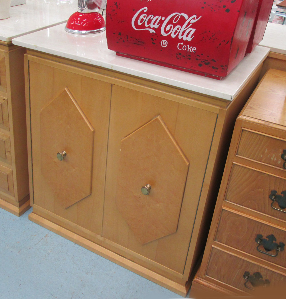 SIDEBOARD in maple/burr maple with cupboards below a marble top, 89cm x 49cm x 88cm H.