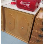 SIDEBOARD in maple/burr maple with cupboards below a marble top, 89cm x 49cm x 88cm H.