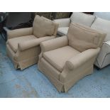 ARMCHAIRS, a pair, oatmeal fabric with spring seats, traditional style,