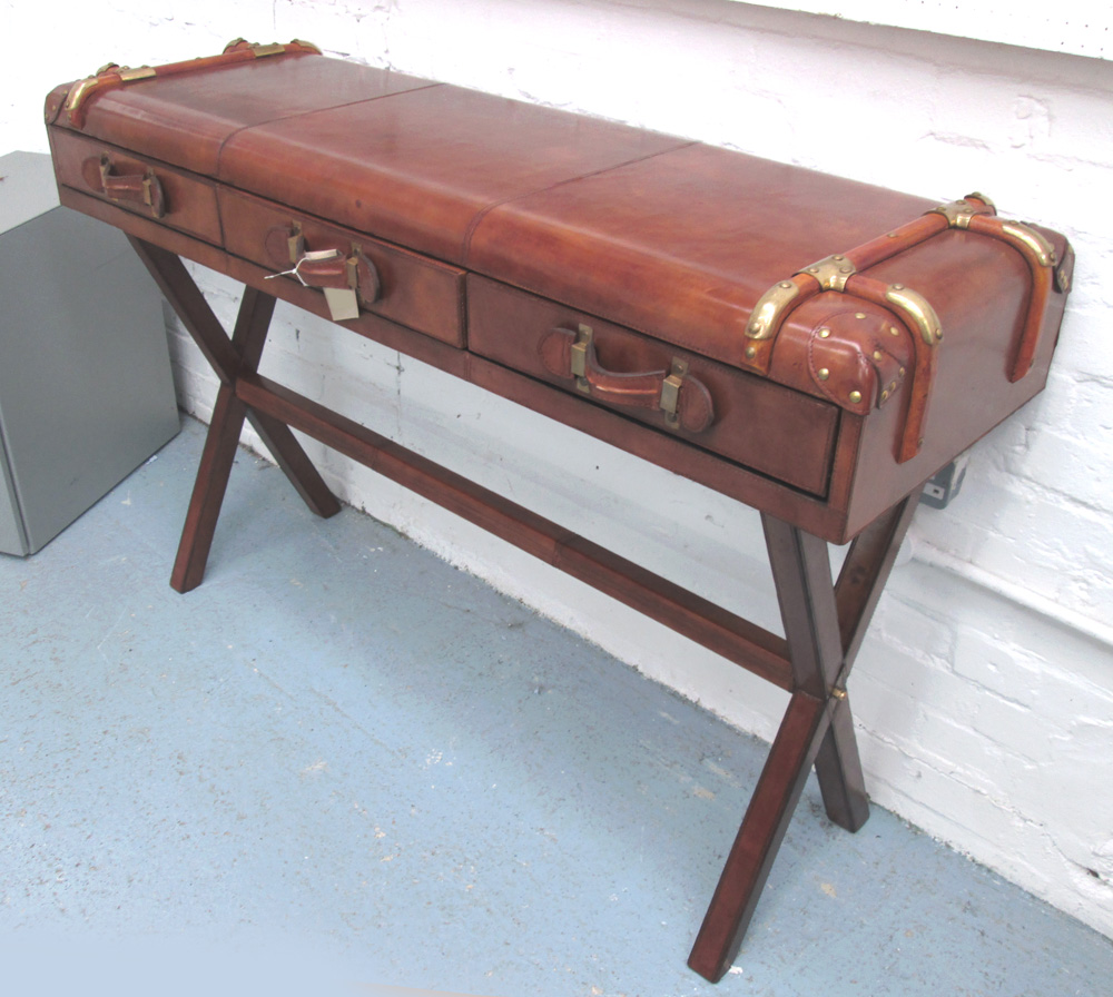 LEATHER CONSOLE TABLE, 'Culinary Concepts' design, tan leather finish, brass detail,