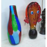 MURANO STYLE GLASS VASE, 37cm H, plus a Murano style lady's head, 37cm H.
