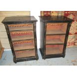 OPEN BOOKCASES, a pair, Victorian aesthetic ebonised, leather trimmed shelves,