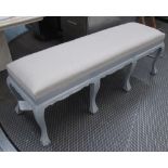 HALL SEAT, in neutral fabric on a grey painted frame with ball and claw supports,