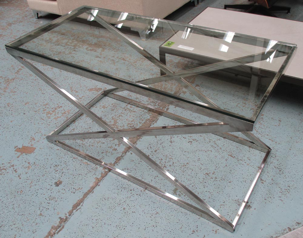 SIDE TABLE, rectangular 'x' chrome with polished glass top, 110cm x 50cm D x 60cm H.