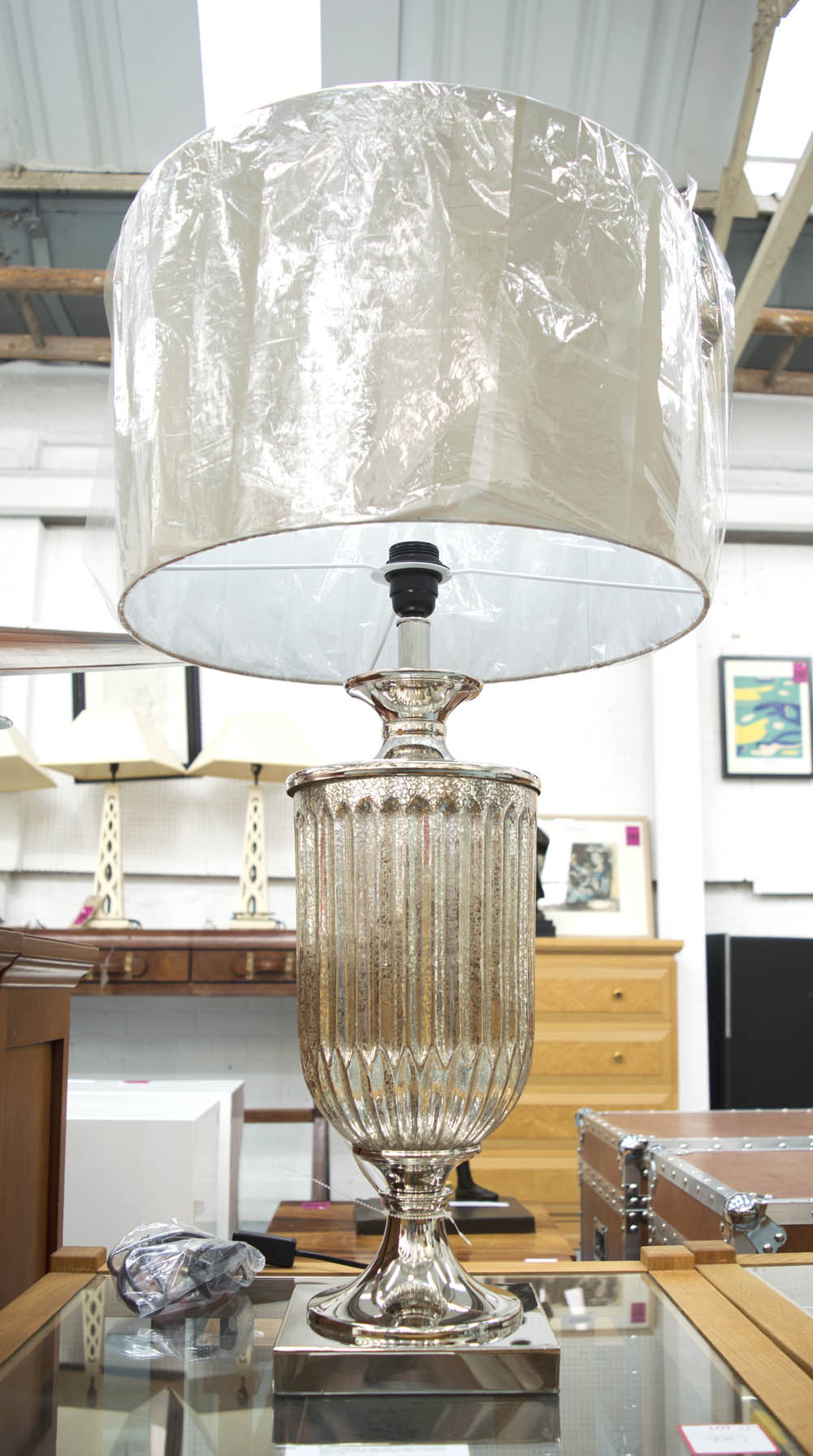TABLE LAMP, Designer style, plated metal and glass base, round satin shade, 85cm H, shade 46cm diam.