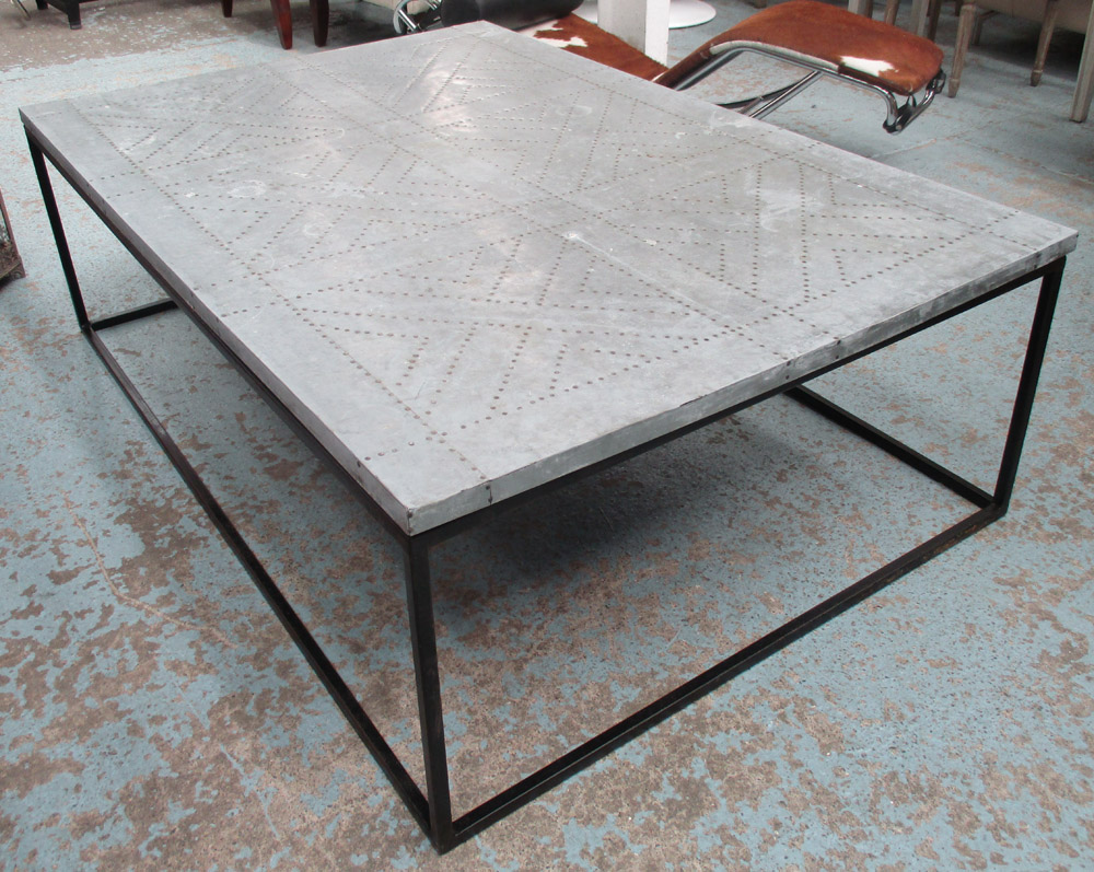 LOW TABLE, with a rectangular galvanised metal top with nail detail on a metal base, 149.5cm W x 49.