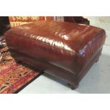 HEARTH STOOL, hand finished tan brown stitched leather, rectangular with turned supports,