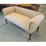 WINDOW SEAT, with beige upholstery on short turned supports, 137.5cm W x 65.5cm H.