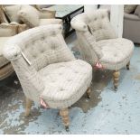 BUTTON BACK BEDROOM CHAIRS, a pair, in printed fabric on front castors, 66cm W.