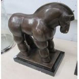 BRONZE HORSE, in the style of Botero on marble base, 35cm L.
