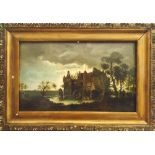 19th CENTURY BRITISH SCHOOL, 'Abandoned Mansion near the Woods', oil on panel, 32cm x 20cm, framed.