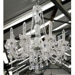 CHANDELIER, glass with eight lights, hanging drops and pendants, 104cm H x 76cm.