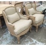 OAK FRAMED WING ARMCHAIRS, a pair, with Hessian style sacking fabric, 80cm W.