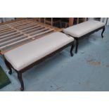 HALL SEATS, a pair, in ivory fabric on mahogany frame, 120cm x 44cm x 46cm (with faults).