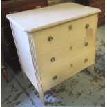 COMMODE, Gustavian style traditionally grey painted with three long drawers, 85cm H x 89cm x 47cm.