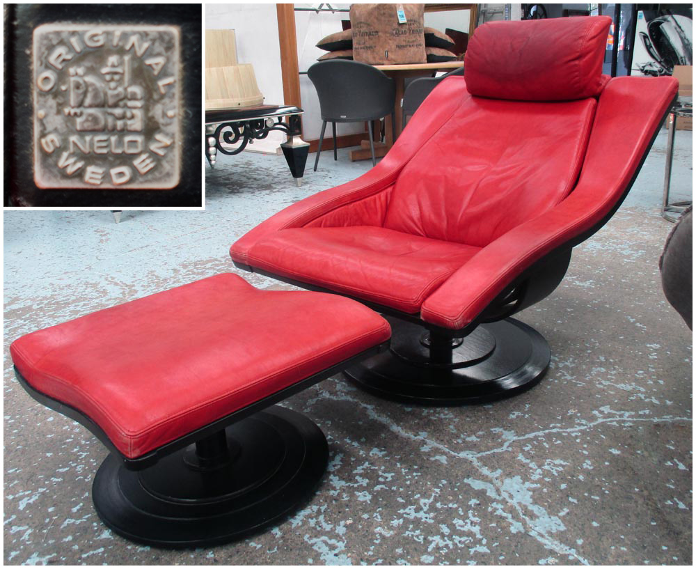 ARMCHAIR AND STOOL, 20th century Swedish red leather by Nelo, after Okamura and Marquardsen, 77cm W,