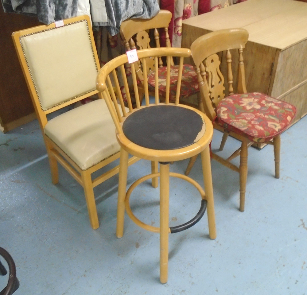 KITCHEN CHAIRS, a set of four, in pine with squab cushions, 38cm W,