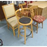 KITCHEN CHAIRS, a set of four, in pine with squab cushions, 38cm W,