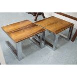 SIDE TABLES, a pair, the rosewood tops on polished metal supports, 50cm W x 50cm D x 34cm H.