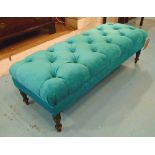 HEARTH STOOL, with turquoise button upholstered seat, turned legs, 124cm L x 46cm W x 40cm H.