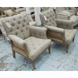 BUTTON BACK ARMCHAIRS, a pair, with open back on front castors, 80cm W.