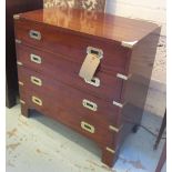 CHEST, Campaign style mahogany and brass bound with four long drawers, 76cm x 38cm D x 70cm H.