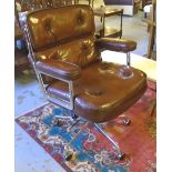 REVOLVING DESK CHAIR, Charles Eames design, tan brown leather, revolving and reclining,