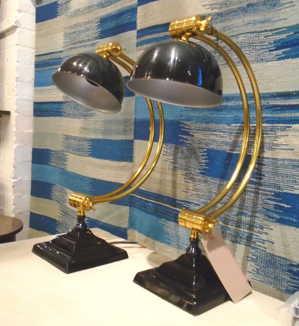 DESK LAMPS, a pair, brass and black enamel, each 51cm H.