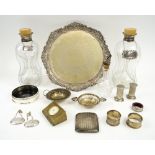 DECANTERS, a pair, of waisted form and silver collars, plus miscellaneous small silver wares,