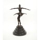 FIGURATIVE BRONZE, Art Deco style dancer, marble stepped base, 50cm H overall.