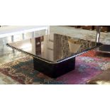 LOW TABLE, black lacquered rounded corner square on plinth base, 91cm x 91cm x 36cm H.