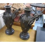 BRONZE VASES, a pair, each cast with a female figure, 38cm H max.