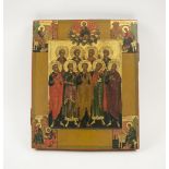 ICON, depicting nine saintly figures with Christ above and figures to corners,