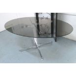 DINING TABLE, with oval glass top on chromed metal base, 179cm x 110cm x 74cm H.