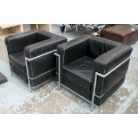 ARMCHAIRS, a pair, Le Corbusier style, black leather on metal supports, 76cm W.