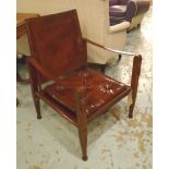 CAMPAIGN CHAIR, Nowegian made, vintage, stitched tan leather and teak fold flat supports.