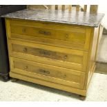 COMMODE, early 20th century Continental beech and oak, the marble top over three drawers,