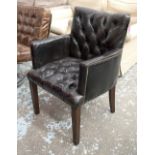 DESK/LIBRARY CHAIR, antique style buttoned black leather and square supports.