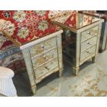 MIRRORED SIDE CHESTS, a pair, with three drawers on square supports, 50cm x 45cm x 67cm H.