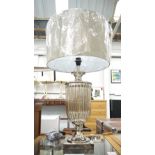TABLE LAMP, plated metal and glass base, round satin shade, 85cm H, shade 46cm diam.