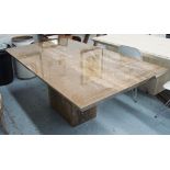 DINING TABLE, travertine, Contemporary style, on central pillar, 180cm L x 106cm W x 74cm H.